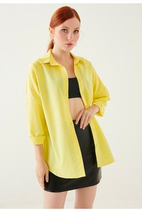 Kadın Sarı Oversize Uzun Basic Gömlek ZLM96