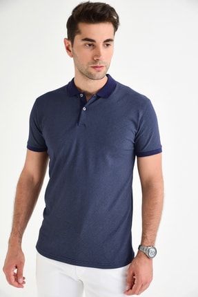 Erkek Lacivert Polo Yaka Baskılı Likralı T-shirt T355