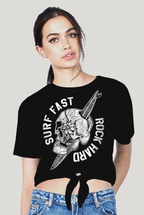 Sörf Kurukafa Siyah Kesik Crop Top Bağlı Kadın T-shirt 1M1TW267AS