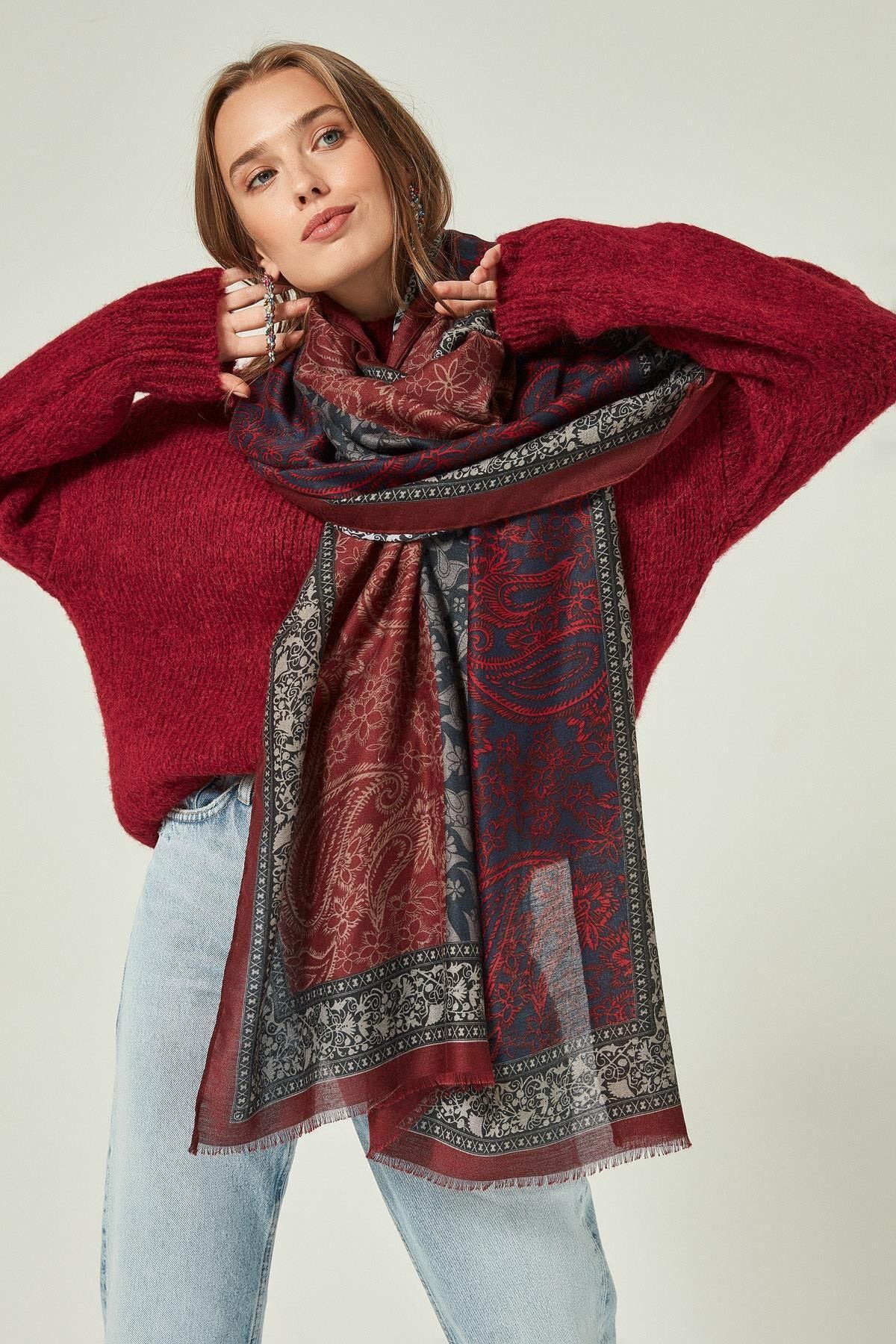 Axesoire-11188 Shawl Patterned Claret Red Shawl 2
