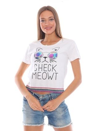Kadın Beyaz Parlak Gözlüklü Kedi Baskılı Beli Renkli Simli Cotton T-shirt PS100012