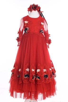 Özel Tasarım Kız Çocuk Elbise, Kırmızı, Dantel Ve Siyah Çiçek Işlemeli, Taçlı,gelinlik M18121