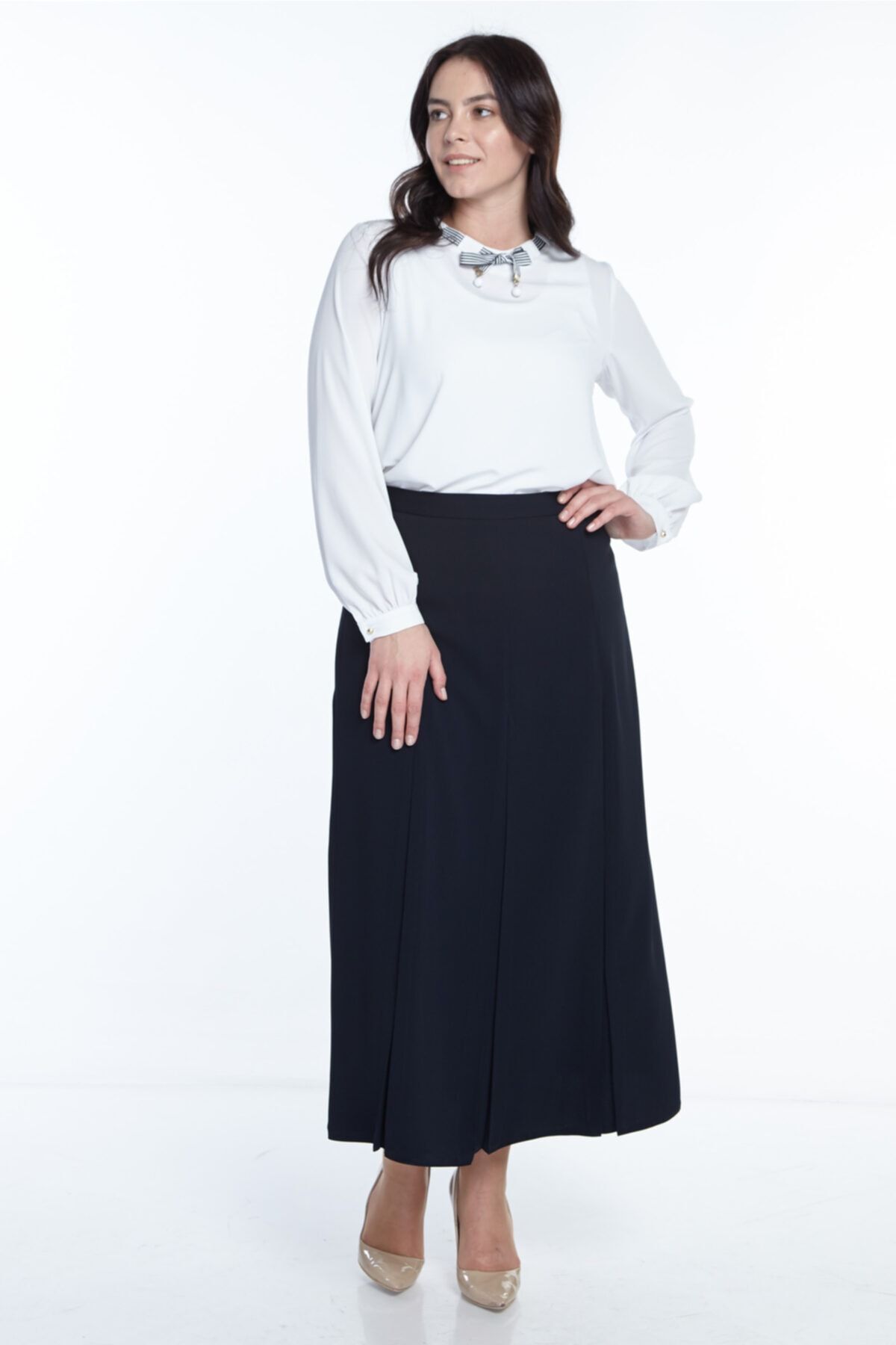 SORALL NE Plus Size Pleated Skirt 776 Navy Blue Trendyol