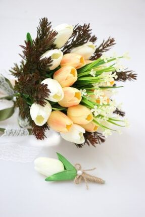 Islak Lale Gelin Çiçeği 2li Set Somon-beyaz YPCCK-BTN-342
