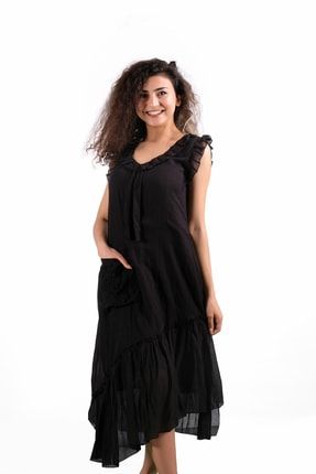 Kadın Siyah Fırfırlı Elbise RC-2010