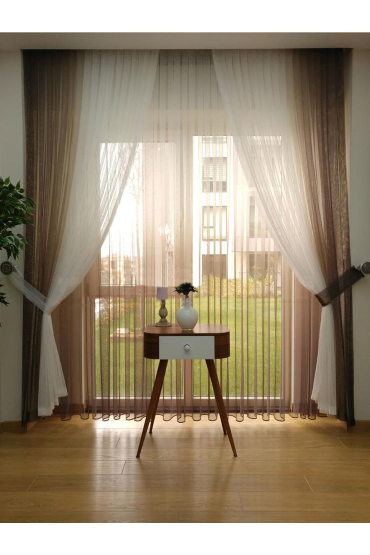 Esse Home Kahve - Ekru Geçişli Düz Tül Perde, 400x260, Seyrek Pile, 1/2