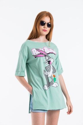 Kadın Yeşil Baskılı Oversize T-shirt 1027