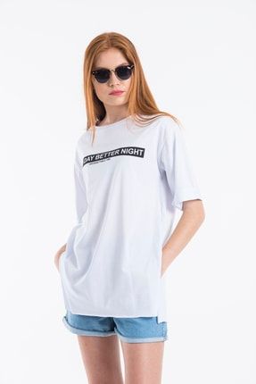 Kadın Beyaz Good Day Baskılı Oversize T-shirt 1028