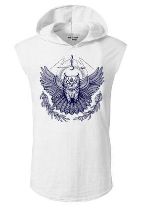 Unisex Beyaz Minerva Baykuş Tasarım Kapşonlu Kolsuz T-shirt ART323