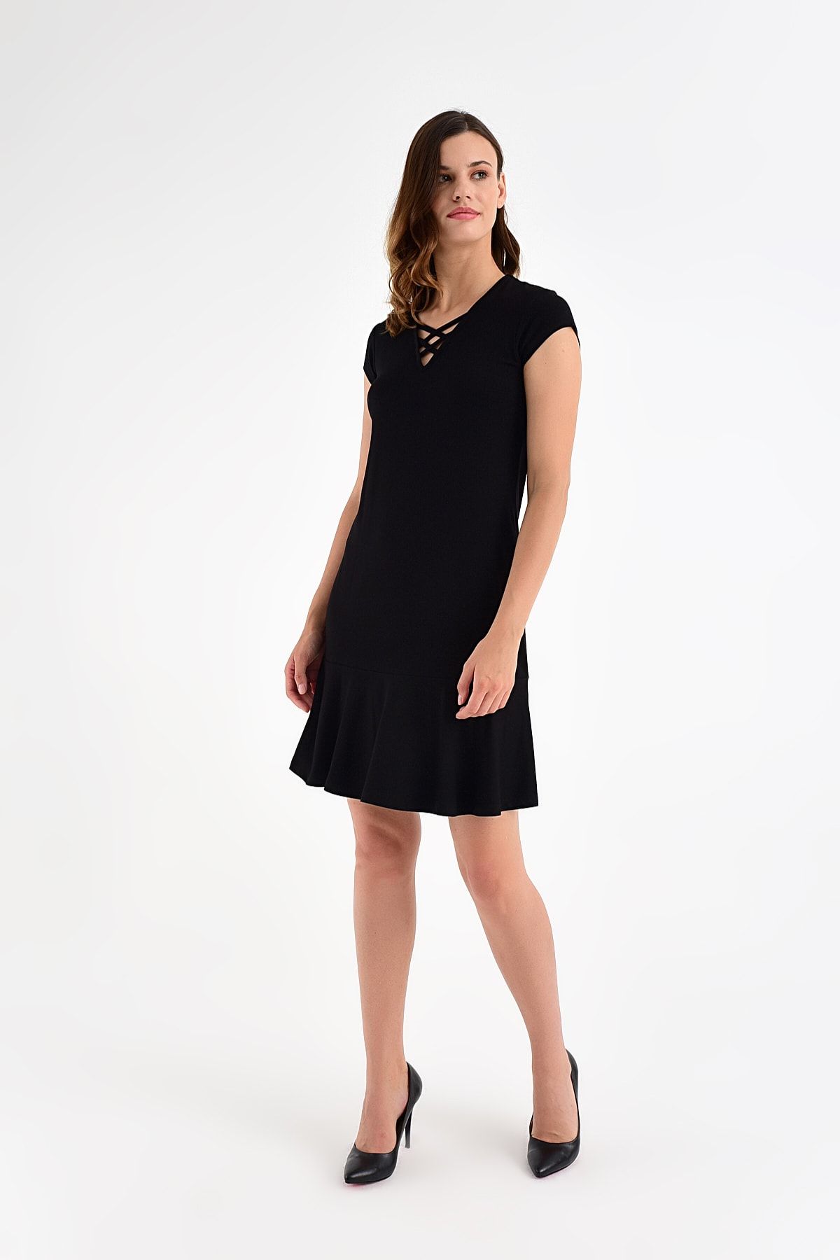 Laranor-Women's Black Collar Detail Skirt Flounce Dress 20L6810 4