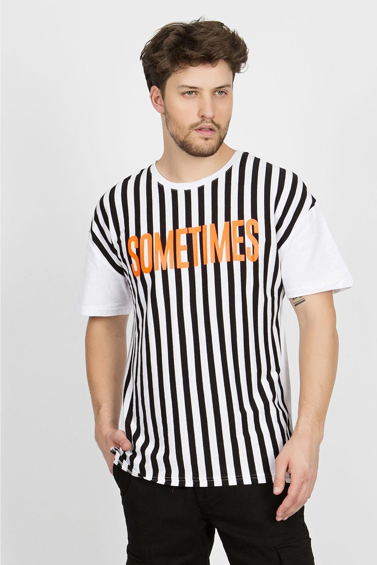 Shoppingdimoda Erkek Beyaz Zemin Siyah Cizgi Some Times Baskili T Shirt 1076 02 Trendyol