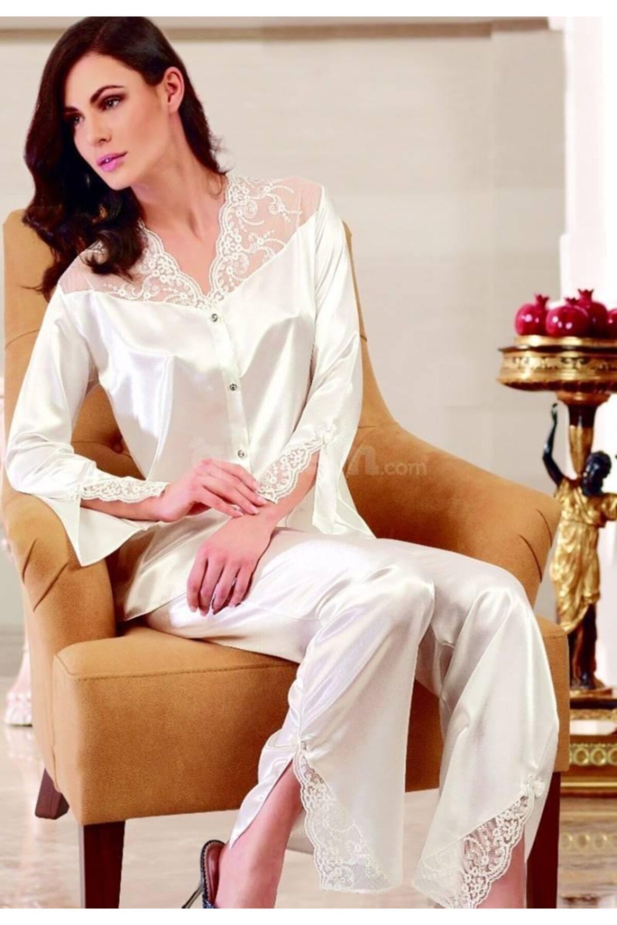 Nurteks Set Pijama Din Satin Ecru Sezon Nou - 2 Piese Femeie - S