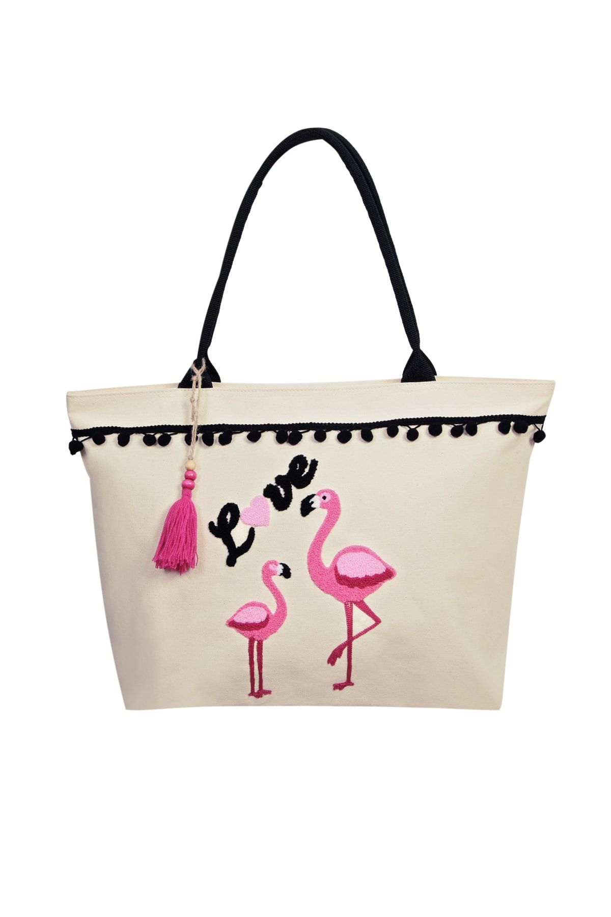 Bakras-Canvas Ecru Flamingo Embroidered Zippered Design Beach Bag with Pockets 2