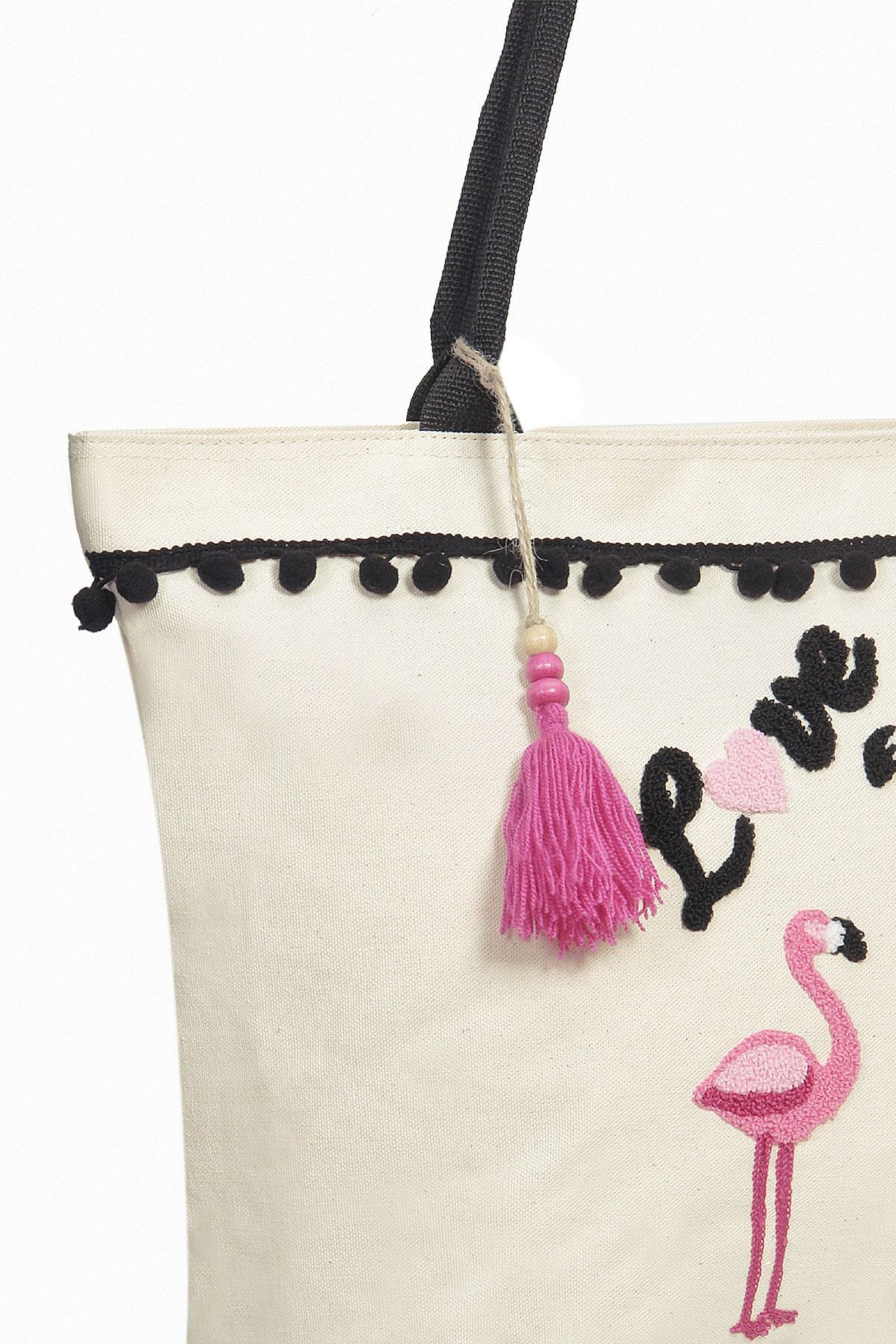Bakras-Canvas Ecru Flamingo Embroidered Zippered Design Beach Bag with Pockets 5