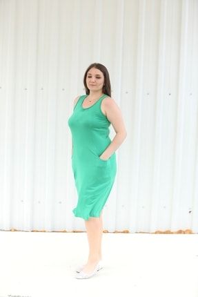 Kadın, Yeşil Tekrenk, Cep Detaylı, Büyük Beden Elbise MGSTCEP01