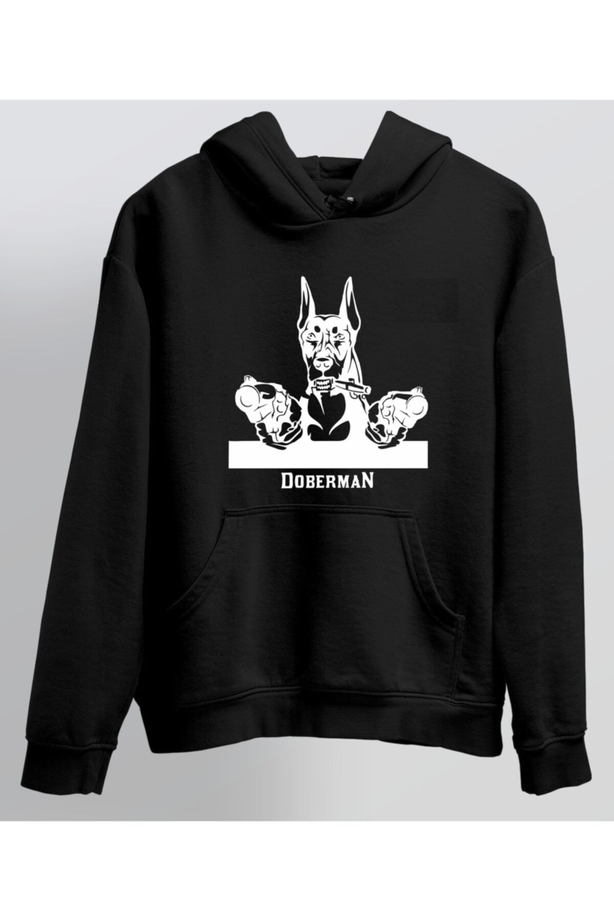 venüsdijital-Hanorac negru cu glugă unisex cu imprimeu Doberman 1