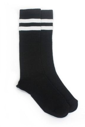 Beyaz Çizgili Pamuklu Diz Altı Çocuk Çorabı Siyah 2'li Paket HANE14-7307