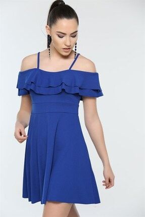 Esnek Krep Kumaş Yakası Iki Kat Volanlı Askı Detaylı Mavi Abiye Elbise Mavi Mezuniyet Elbisesi BS-EMR-014