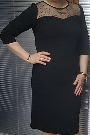 Kadın Büyük Beden Siyah Ön Yaka Dantel Detaylı Elbise Esp2831 ESP2831