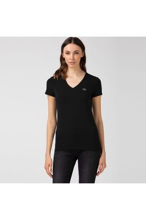 Kadın Slim Fit V Yaka Siyah T-Shirt TF0999
