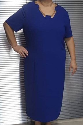 Kadın Büyük Beden Saks Ön Yaka Detaylı Elbise Esp2710 ESP2710