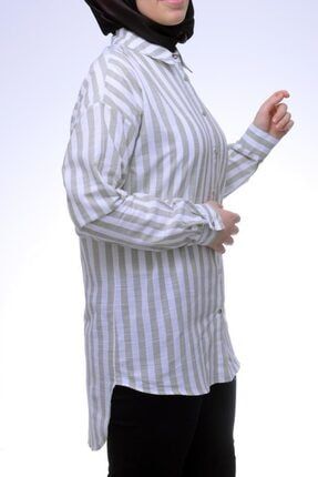 Kadın Keten,düşük Kol,çizgili,kısa Spor Tunik-gömlek (40 Beden) AYSEOZKG009