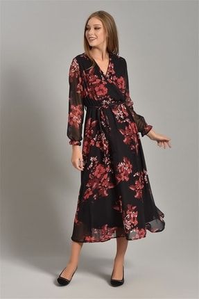 Siyah Çiçek Desenli Şifon Elbise 2610MKSP