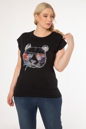 Kadın Büyük Beden Siyah Baskılı T-shirt 7021