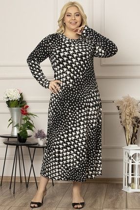 Kadın Siyah Uzun, Kazayağı Desenli Krep Elbise 5090