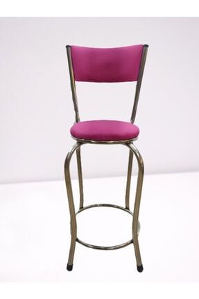 Sandalye Bar Tipi Yüksek Model Pembe Fuşya 4 Adet Metal Çelik Nikelaj Suni Deri Döşeme El Yapım Bengi Yüksek Bar Sandalyesi Taburesi Pem