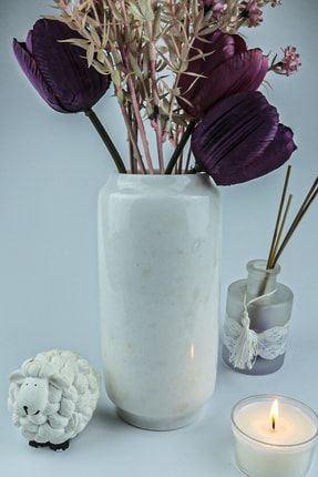 %100 Doğal Mermer Çiçek Vazosu Beyaz Naturel Mermer Dekoratif Çiçeklik Vazo Beyaz 4385-BYZ-001