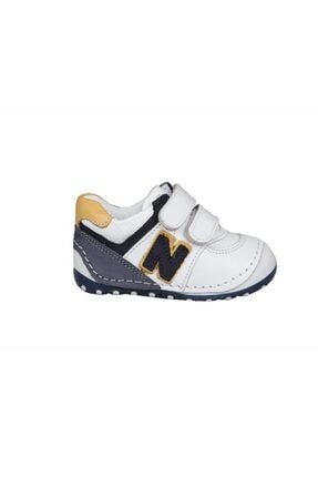 201-103 Saf Deri Ortopedik Beyaz Lacivert Çocuk Ilkadim Ayakkabısı