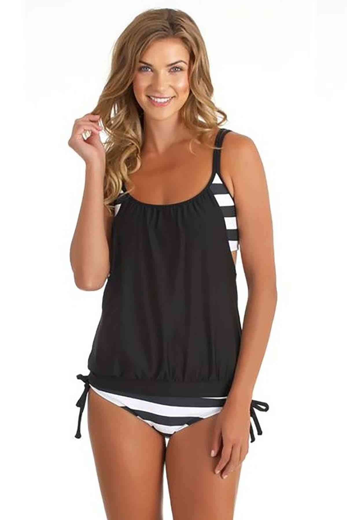 Angelsin-Schwarz-weißes, dick gestreiftes Tankini-Bikini-Set 2