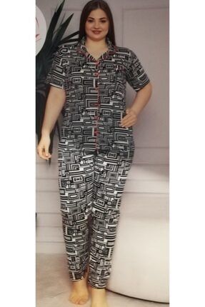 Kadın Önden Düğmeli Battal Siyah Beyaz Pijama Takımı BV24
