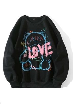 Siyah Love Teddy Baskılı Oversize Sweatshirt SWE-LOVE TEDDY