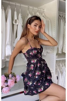 Kadın Askılı Çiçek Desenli Göğsü Bağlama Detaylı Eteği Kat Kat Mini Elbise FPR223085