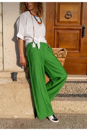 Kadın Bol Paça Bel Lastikli Cepli Yeşil Renk Pantolon ibeekanwlvgrn