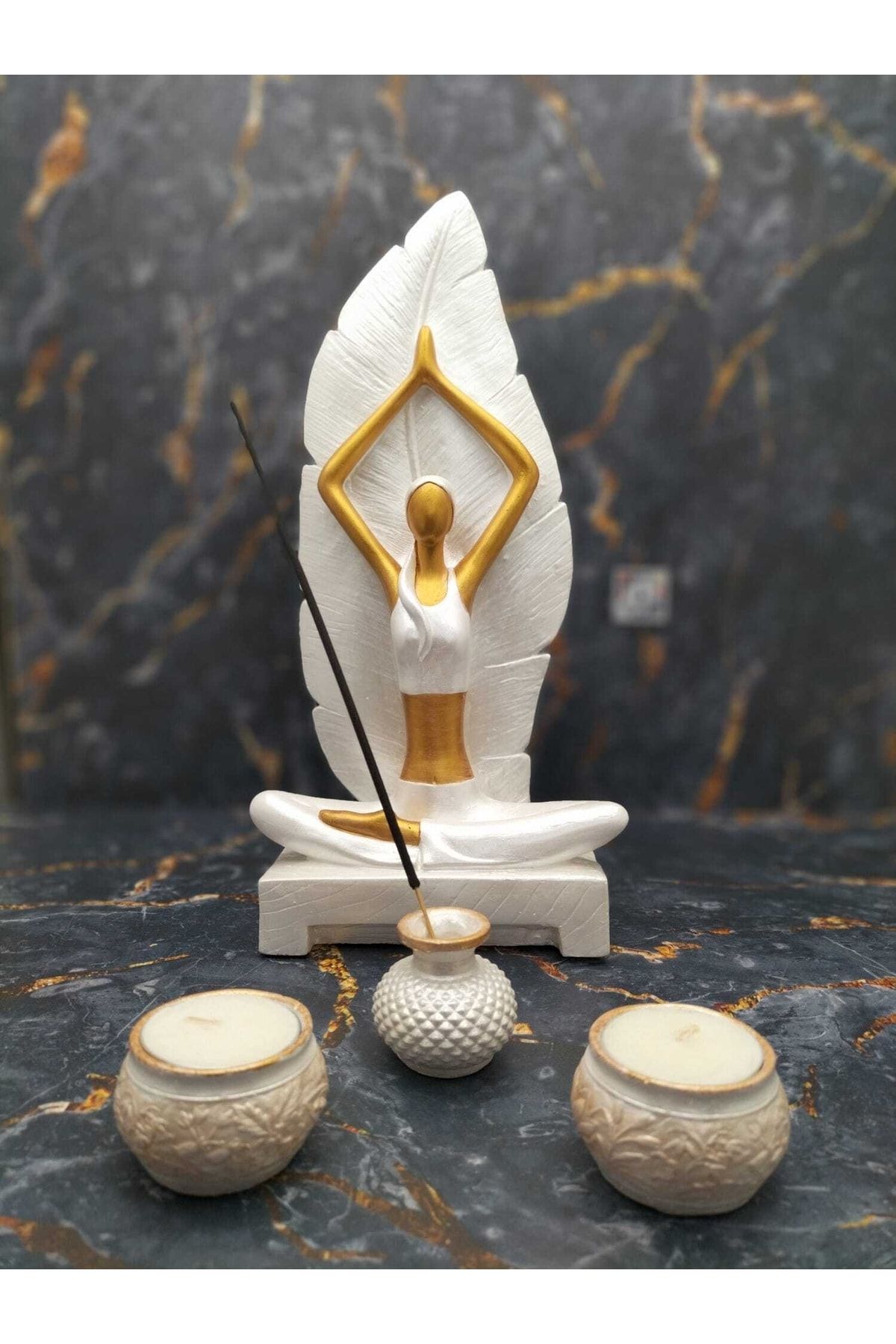 Yoga Yapan Kız Tütsülük Ve Mumluk Sedefli Beyaz&altın Set 2