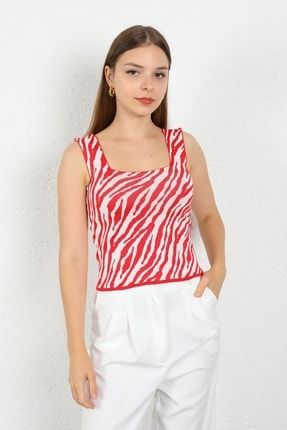 Triko Kumaş Zebra Desen Kare Yaka Kadın Bluz Kırmızı-ekru ASLND040822