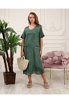 Yazlık Elbise Tril Tril Yarım Kol Elbise Yeşil 8080