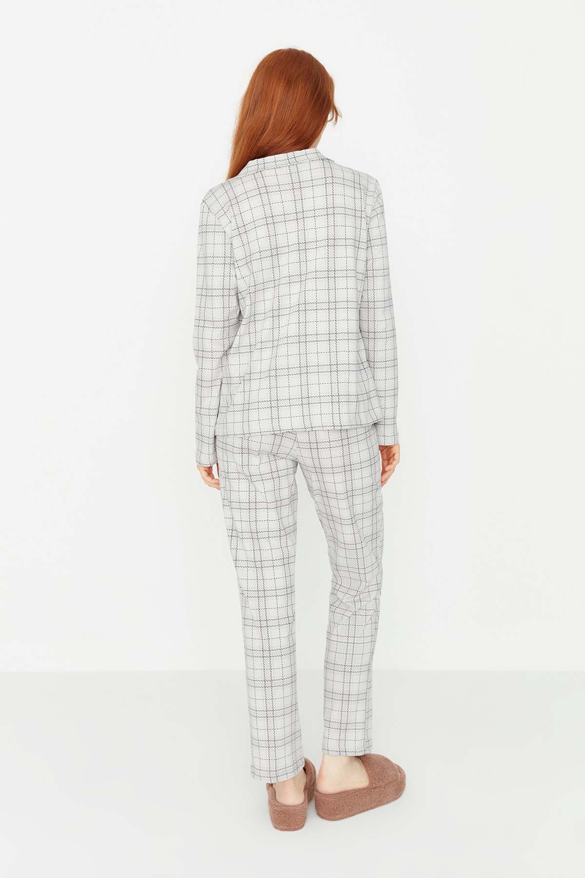Trendyolmilla  Gri %100 Pamuklu Ekoseli Örme Pijama Takımı THMAW20PT0266 - Görsel 4