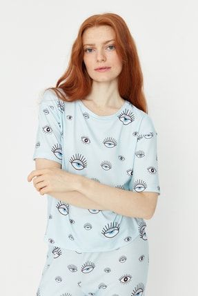 Mavi Grafik Baskılı Örme Pijama Takımı THMSS21PT0236