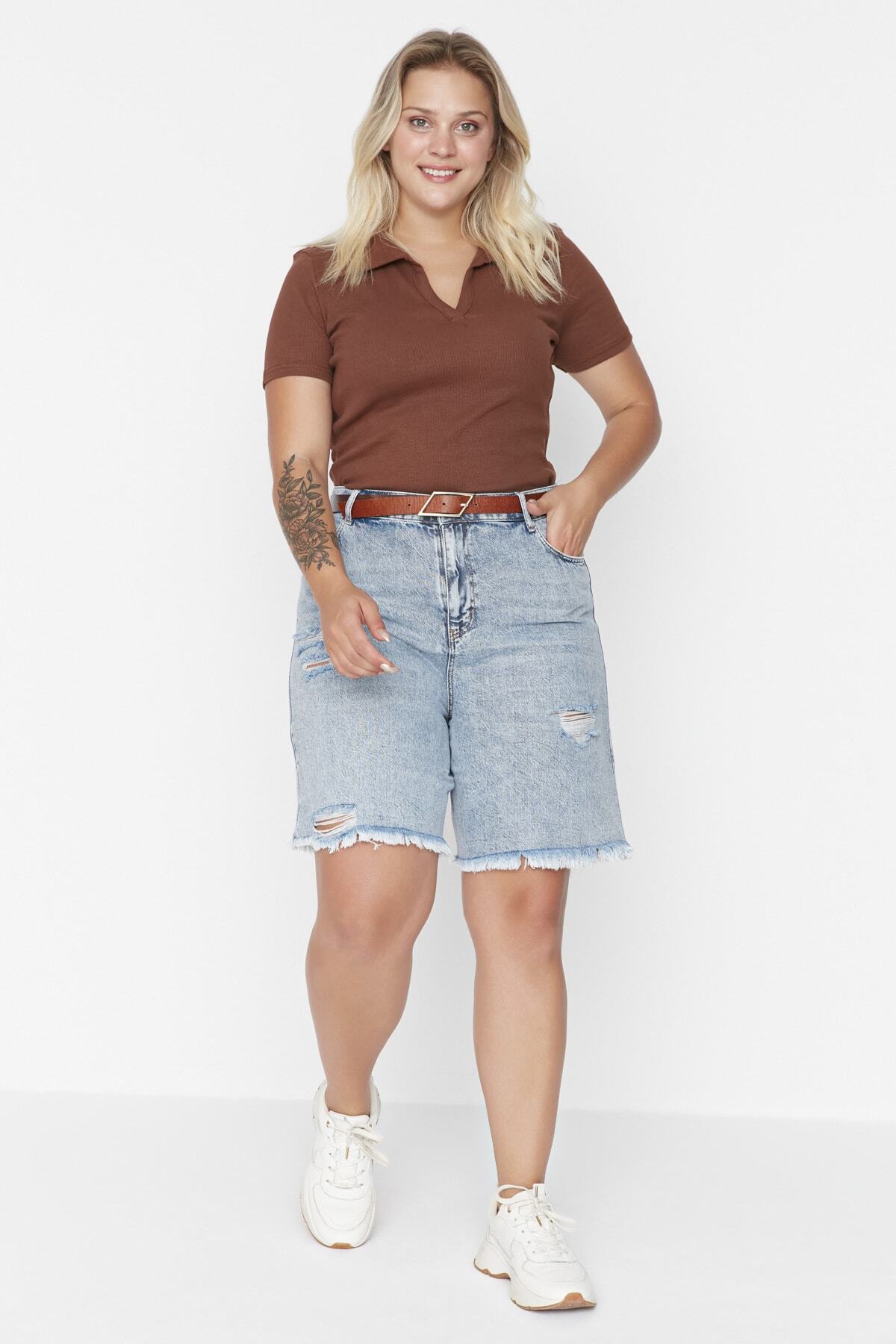 Trendyol Curve Plus Size Shorts u0026 Bermuda - Blue - High Waist - Trendyol