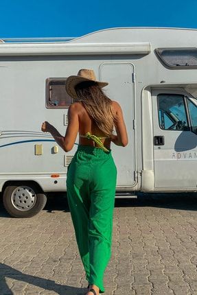 Kadın Yeşil Beli Lastikli Çift Cepli Aerobin Havuç Pantolon TI08114