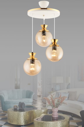GYK LİGHT Dilara 3 Lü Tepsi Beyaza Gold Yuvarlak Camlı Salon Avizesi