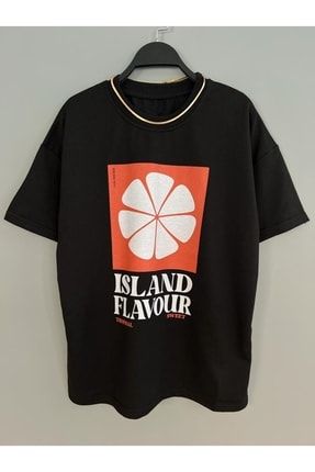 Island Flavour Baskılı Siyah Turuncu Fıt Kesim Rahat Salaş Tişört Tshırt 52456321