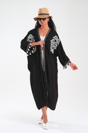 Kadın Siyah Nakışlı Battal Büyük Beden Kap Ferace Kimono TYC00525753040