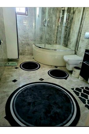 Lovely - Siyah, Kaymaz Taban, Bambu Kumaş 3'lü Yuvarlak Banyo Halısı (110X110-50X50-50X50CM) ARB9999