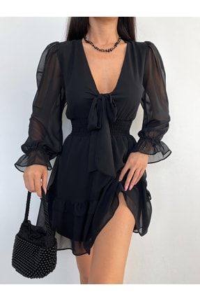 Beli Gipeli Uzun Kol Şifon Siyah Elbise mk841