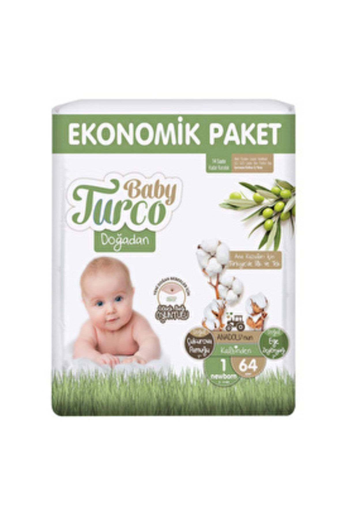 Baby Turco Doğadan Ekonomik Yenidoğan 1 Beden Bebek Bezi 64 Adet
